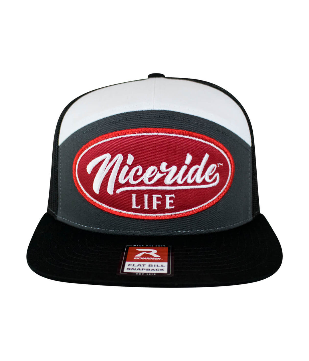 7 panel trucker hat in black, gray, and white with "Niceride Life" logo prominently featured.