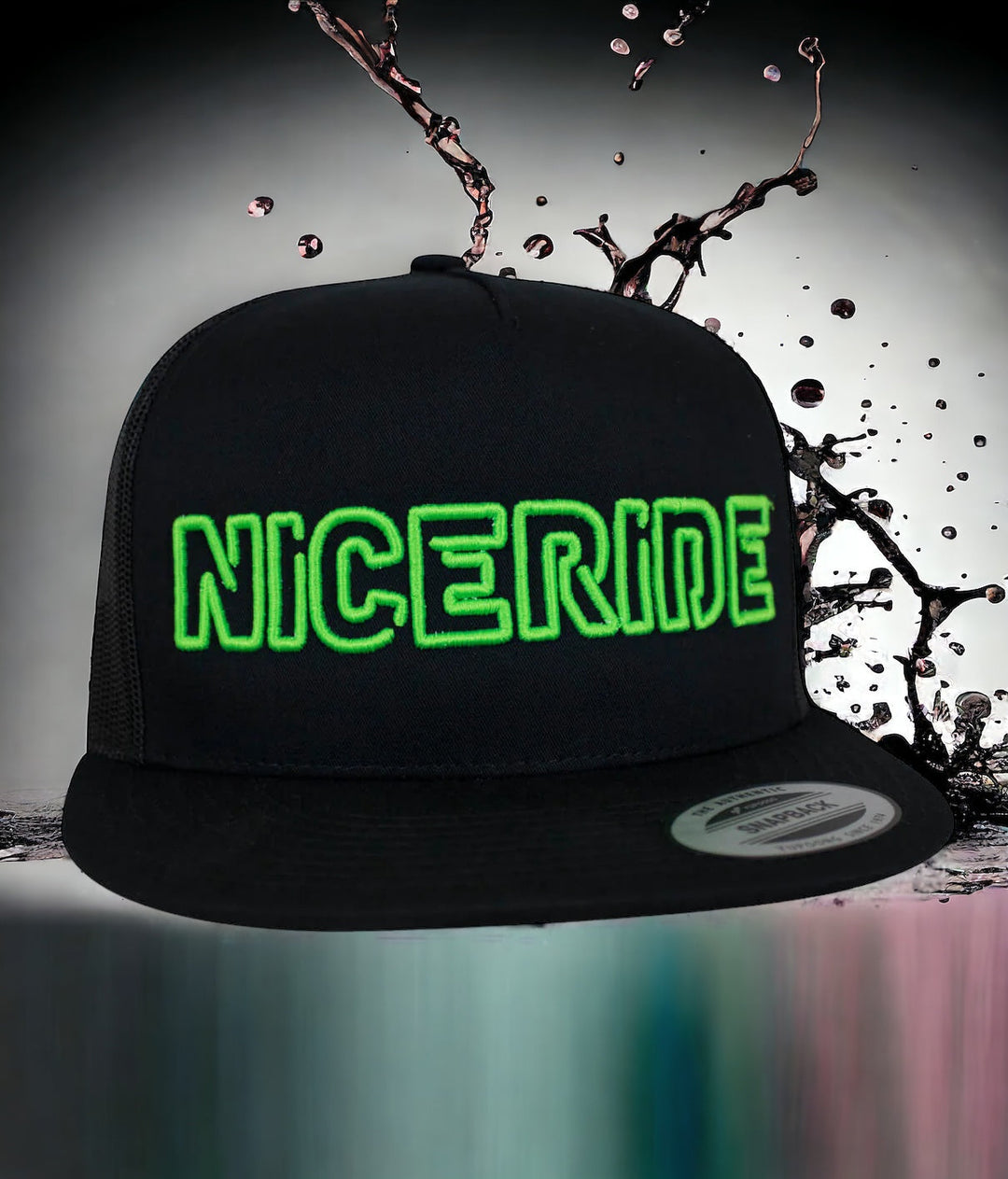 Black hat with bright green 'NICERIDE' embroidery, perfect for elevating your look with quality hats.