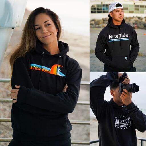 Three models showcasing NiceRide hoodies, perfect for the hoodie season and stylish fashion statements.