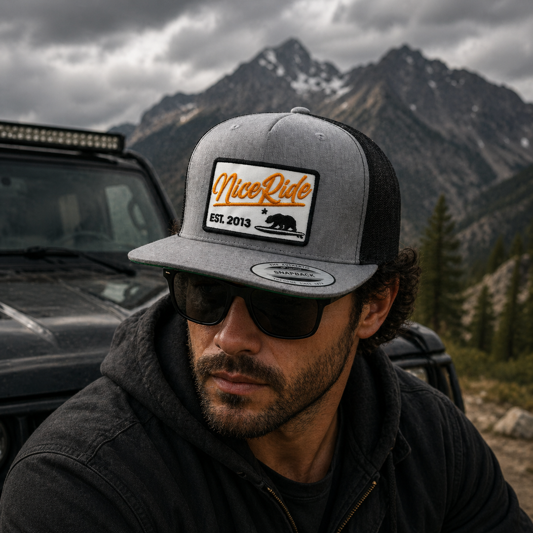 best seller gray and black snapback hat with orange palm tree design