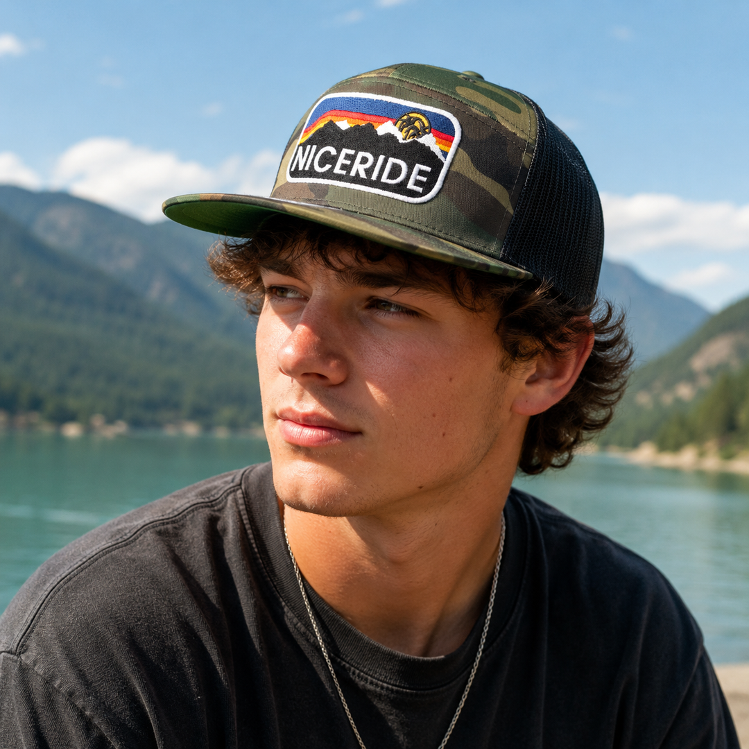 Niceride embroidered 7 panel hats showcasing a bold design and premium fit with camo pattern.