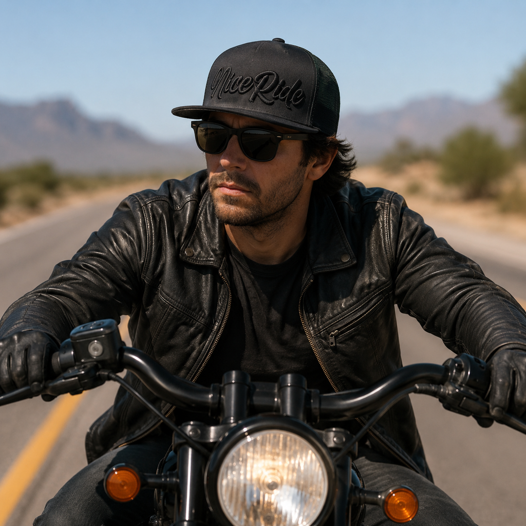 3D Blacked Out style NiceRIDE hat with black puff embroidery and raised stitching design.