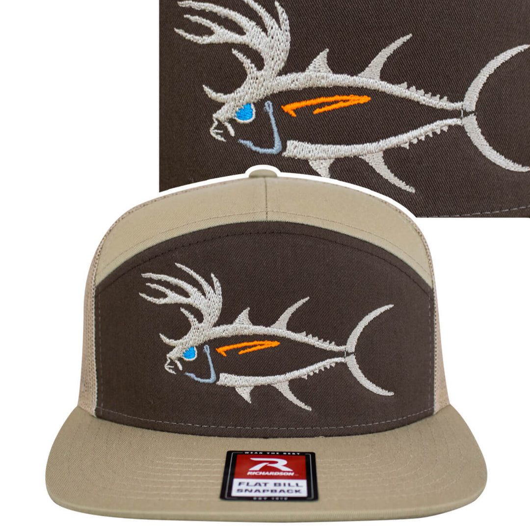 Buck-Eye 7 Panel Trucker Hat with fish graphic embroidery, beige and brown colors, flat bill design.