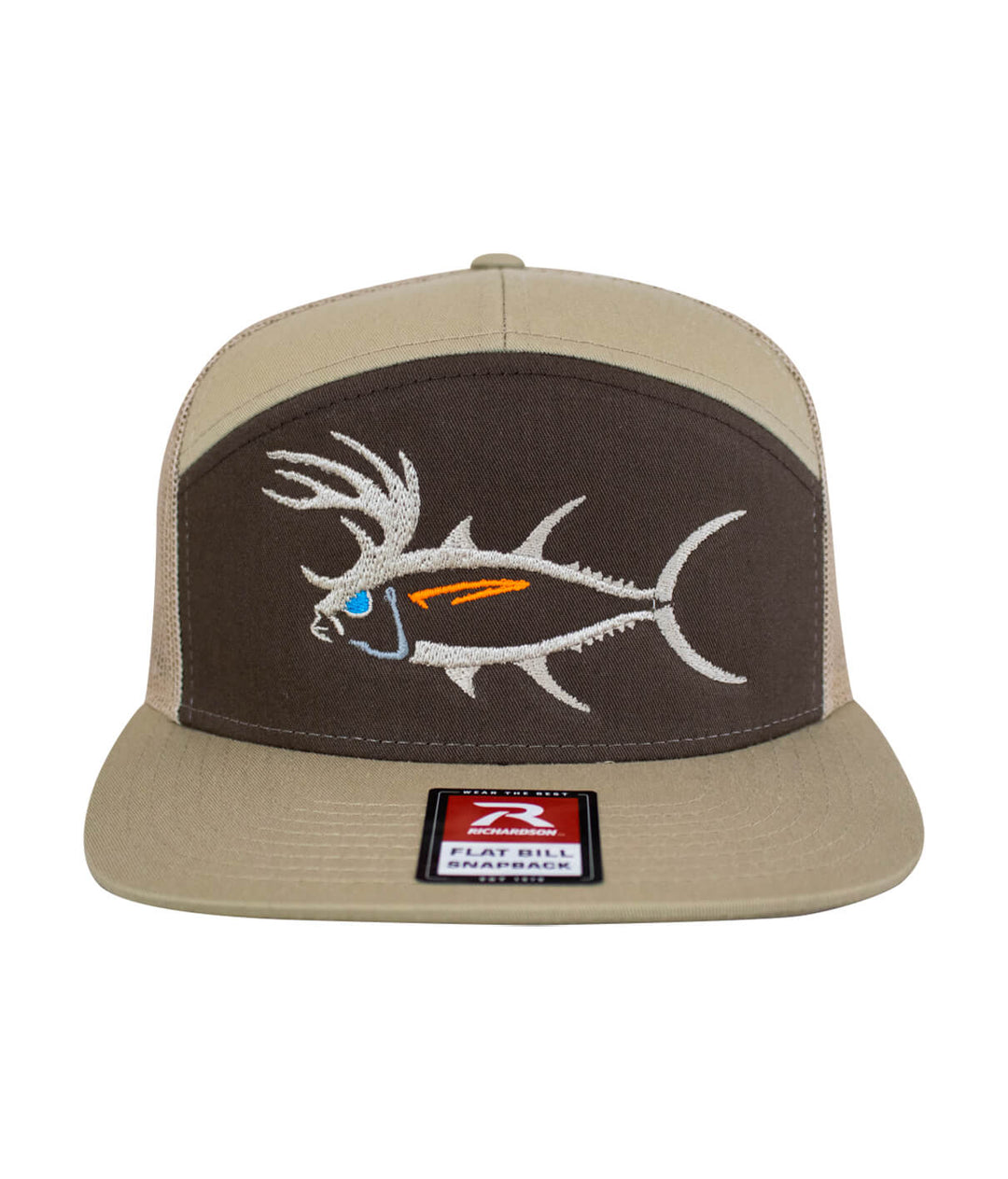 Buck-Eye 7 Panel Trucker Hat featuring a fish design, flat bill, and durable materials, perfect for fishing enthusiasts.