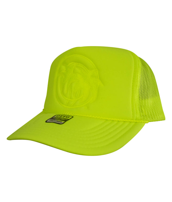 Bright yellow "Hot Foam" foam trucker hat with embroidered logo by NICERIDE, ideal for outdoor activities.