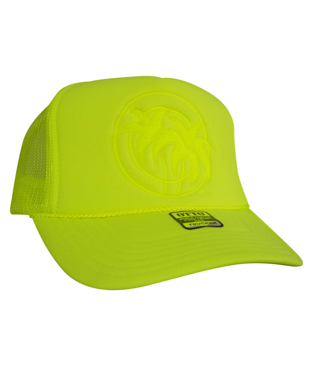 Hot Foam foam trucker hat in neon yellow with embroidered logo, perfect summer accessory for hat enthusiasts.