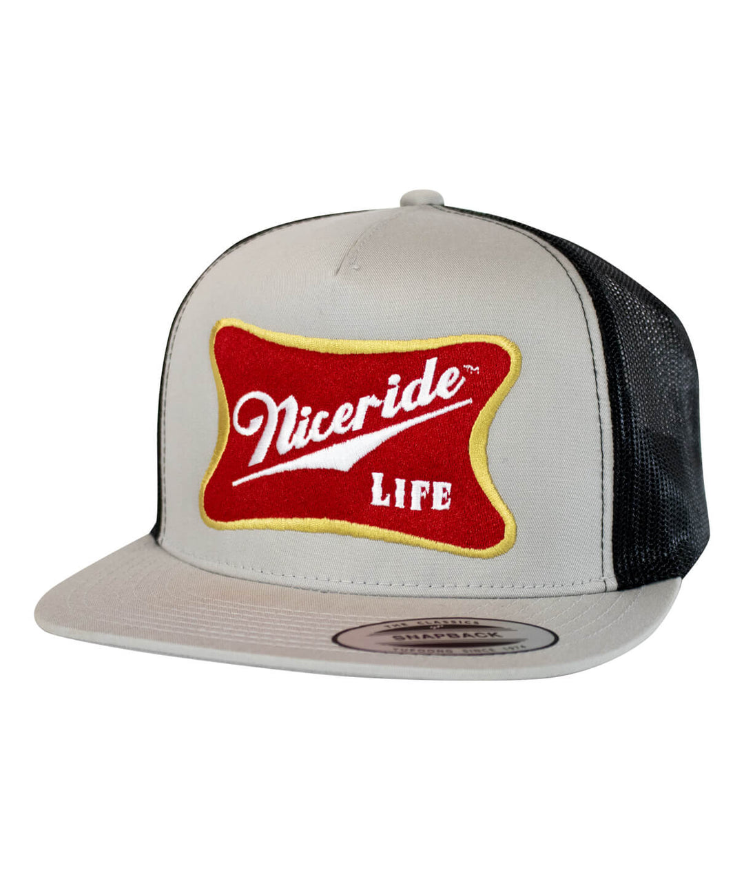 Biscuit Trucker Hat by NICERIDE featuring embroidered logo on front, classic style hat with black mesh.