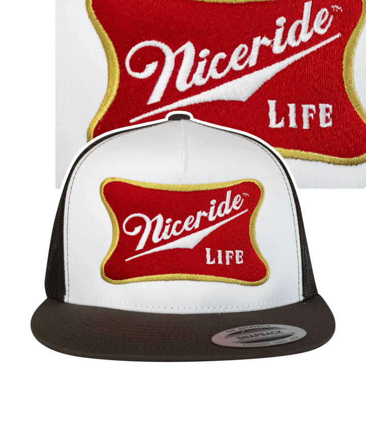 Biscuit Trucker Hat with embroidered NICERIDE design, a baseball cap perfect for casual wear, showing the hat&