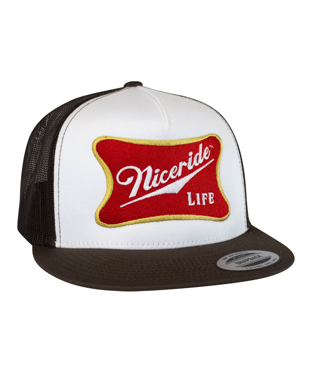 Biscuit Trucker Hat by NICERIDE featuring embroidered logo on white front panel, classic black mesh back, stylish hat.