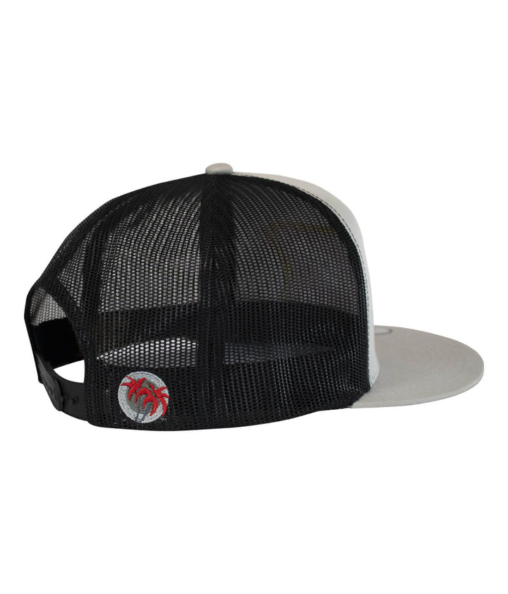 Back view of the Biscuit Trucker Hat showing the black mesh and red palm logo, a stylish hat for casual wear.