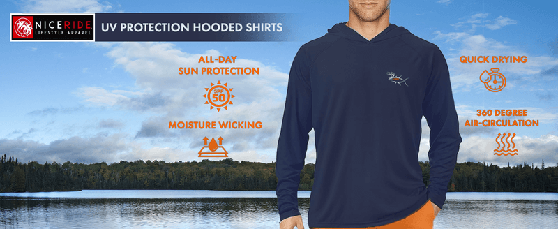 Man wearing NICERIDE Buck-Eye UV Protecting Hooded Shirt by the water, showcasing all-day sun and moisture protection.