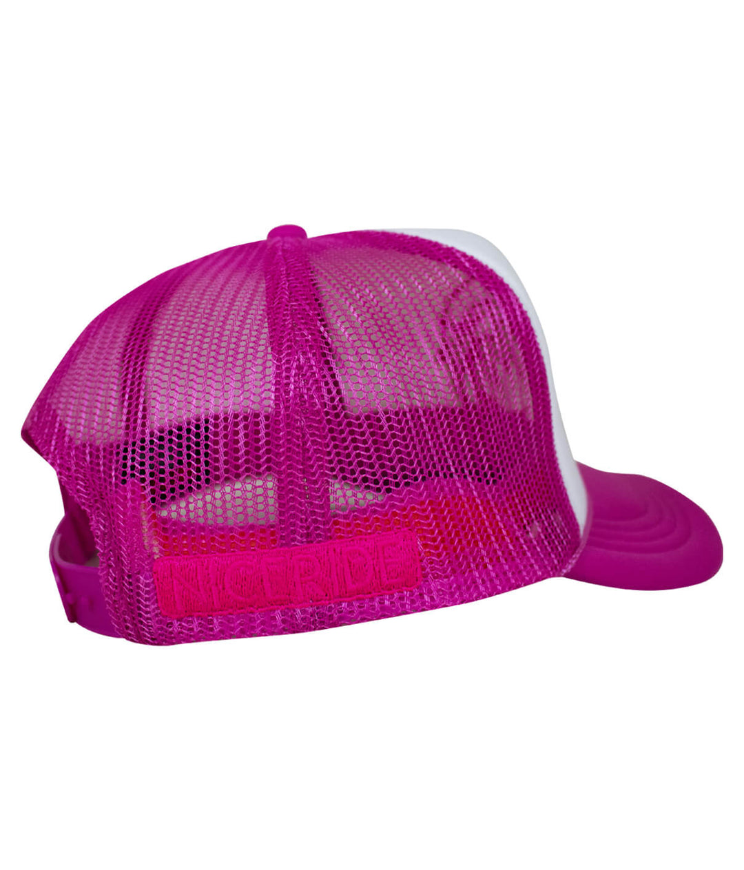 Youth foam trucker hat with NICERIDE logo, showing the pink mesh back design and white front panel.