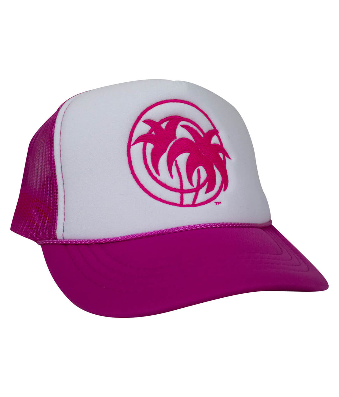 Youth foam trucker hat with pink palm logo and bright pink visor