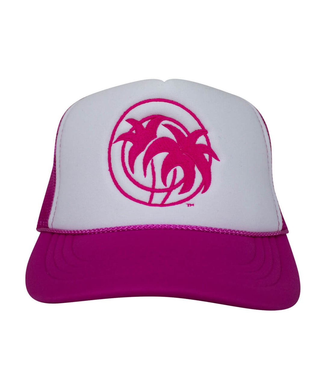Youth foam trucker hat with pink palm tree logo on the front and pink brim.