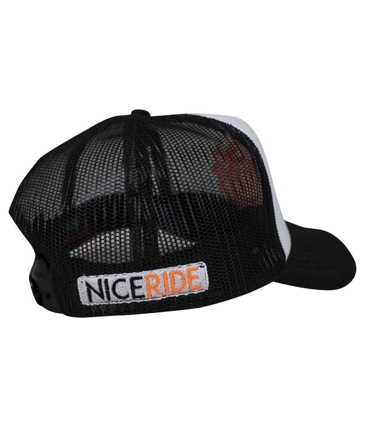 Youth foam trucker hat showing NICERIDE logo on the back with a black mesh design.