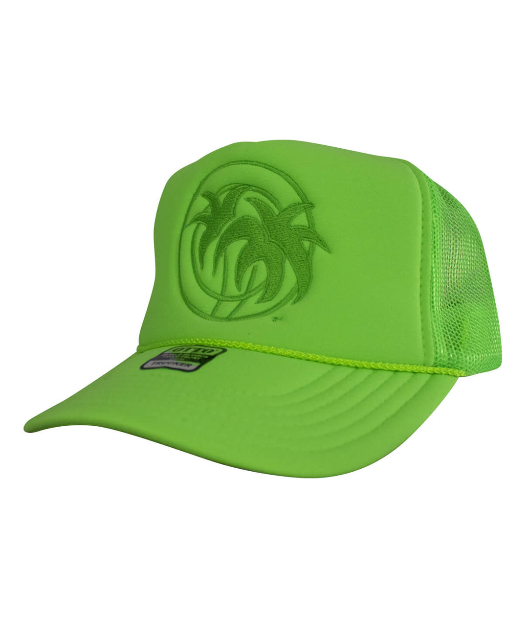 Hot Foam Foam Trucker Hat in bright green with palm tree logo, a stylish hat for warm weather.