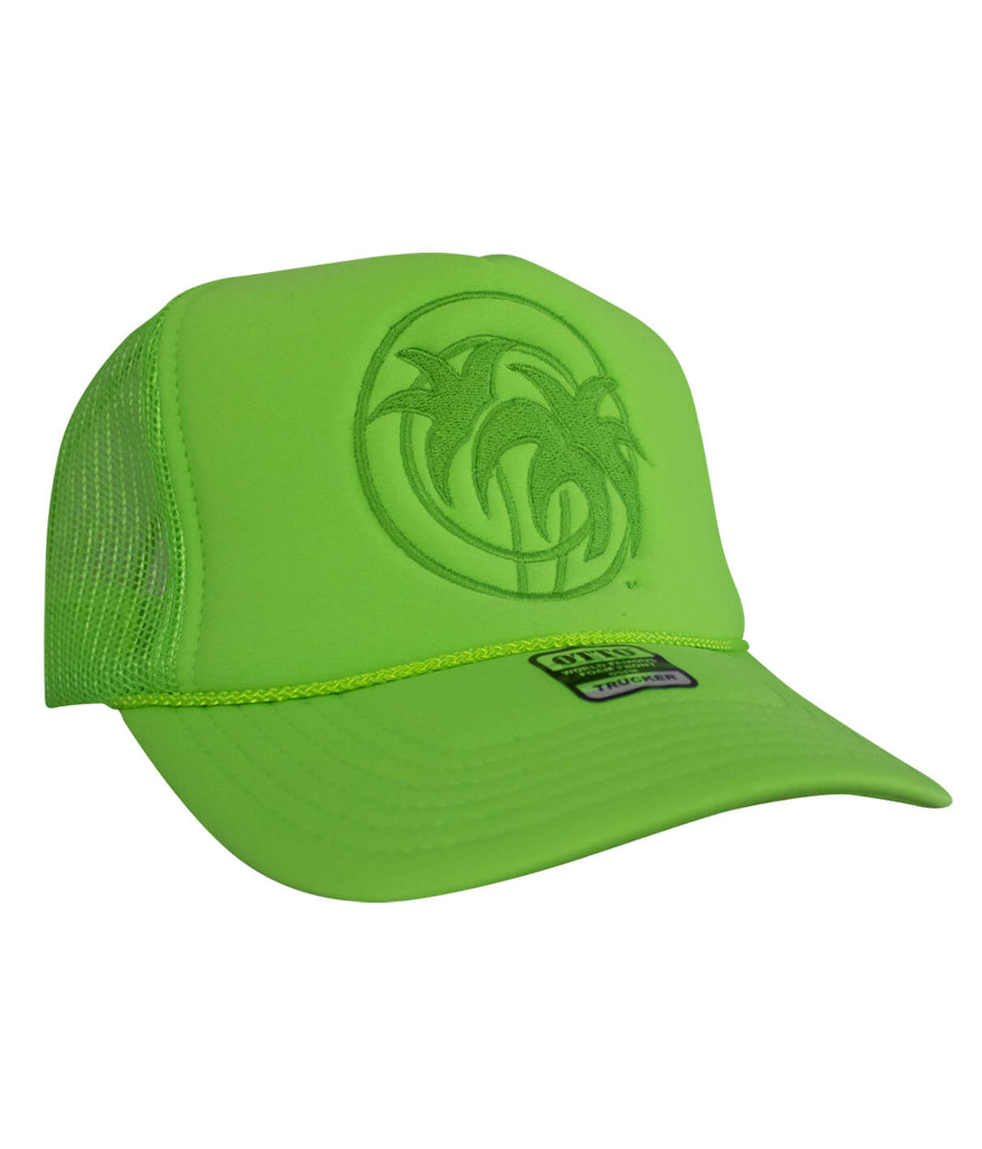 Green "Hot Foam" Foam Trucker Hat with palm tree design and mesh back, perfect summer accessory.