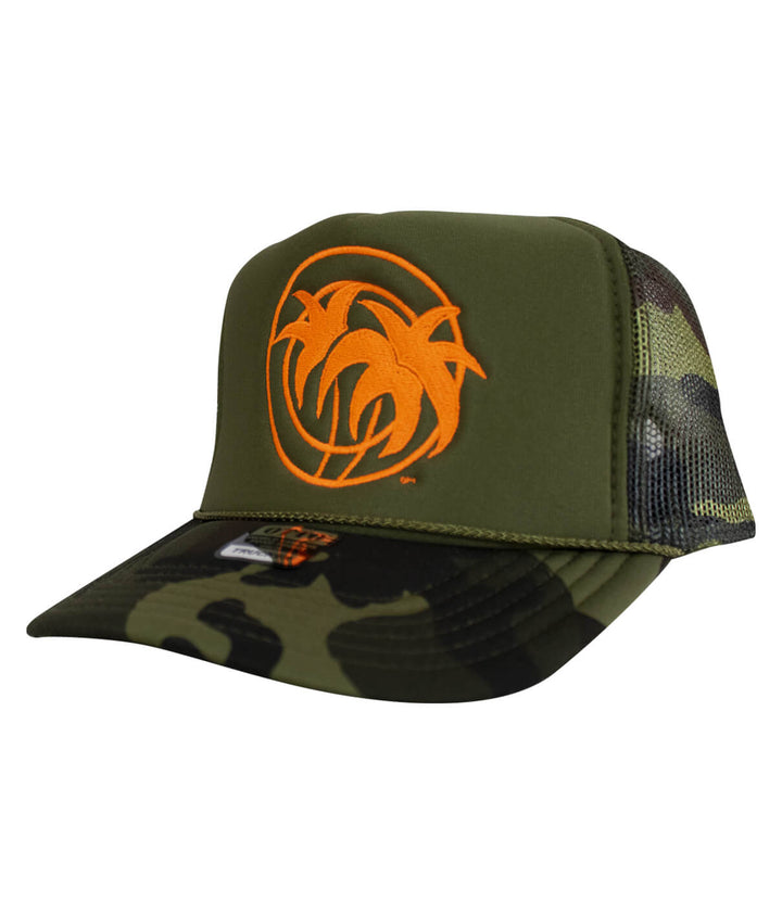 Hot Foam trucker hat with orange palm logo on green camo design, perfect for stylish outdoor wear.