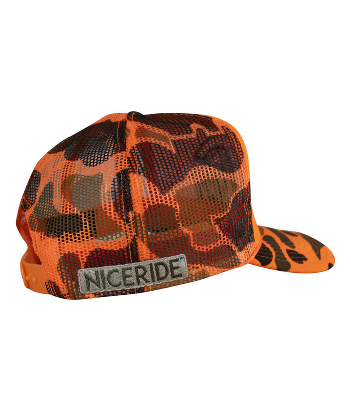 Back view of the Hot Foam hat, a foam trucker cap featuring NICERIDE logo on an orange and black camo design.