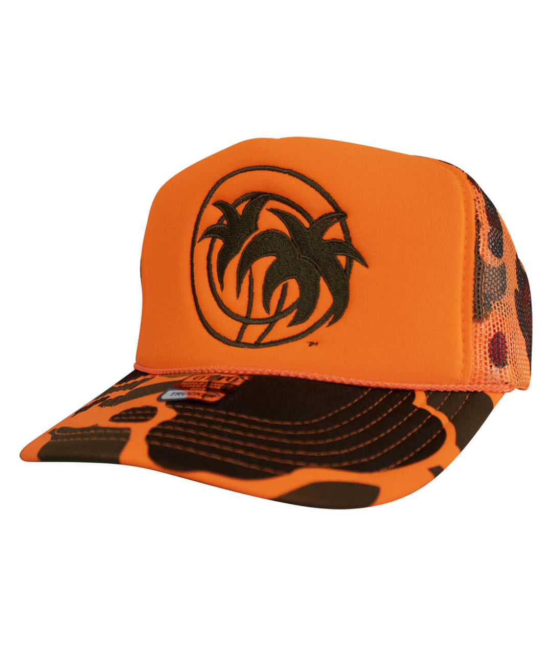 Hot Foam trucker hat featuring embroidered palm trees logo on an orange foam front panel.
