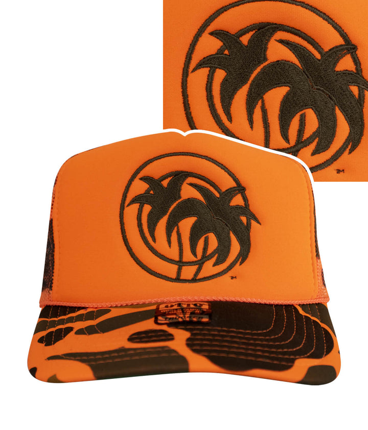 Hot Foam Foam Trucker Hat featuring embroidered palm tree logo on vibrant orange background.
