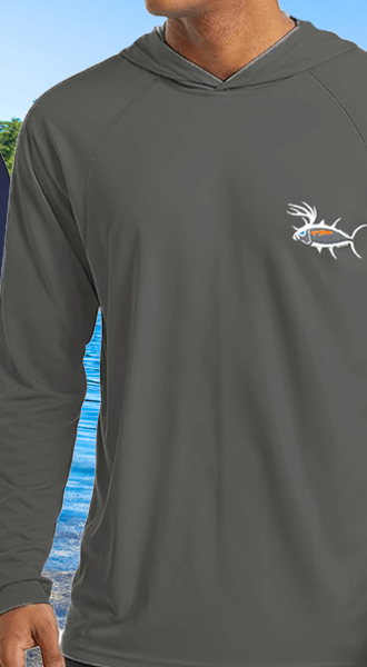 Unisex long sleeve hooded shirt for outdoor activities, featuring a fish logo, perfect for fishing and sports.