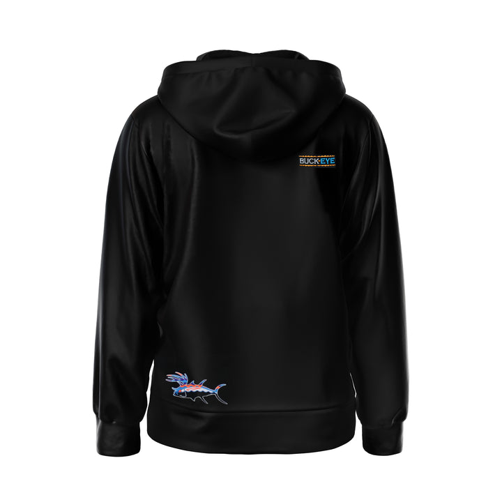 Back view of Buck Eye zip-up unisex soft hooded jacket in black with embroidered logo and design.