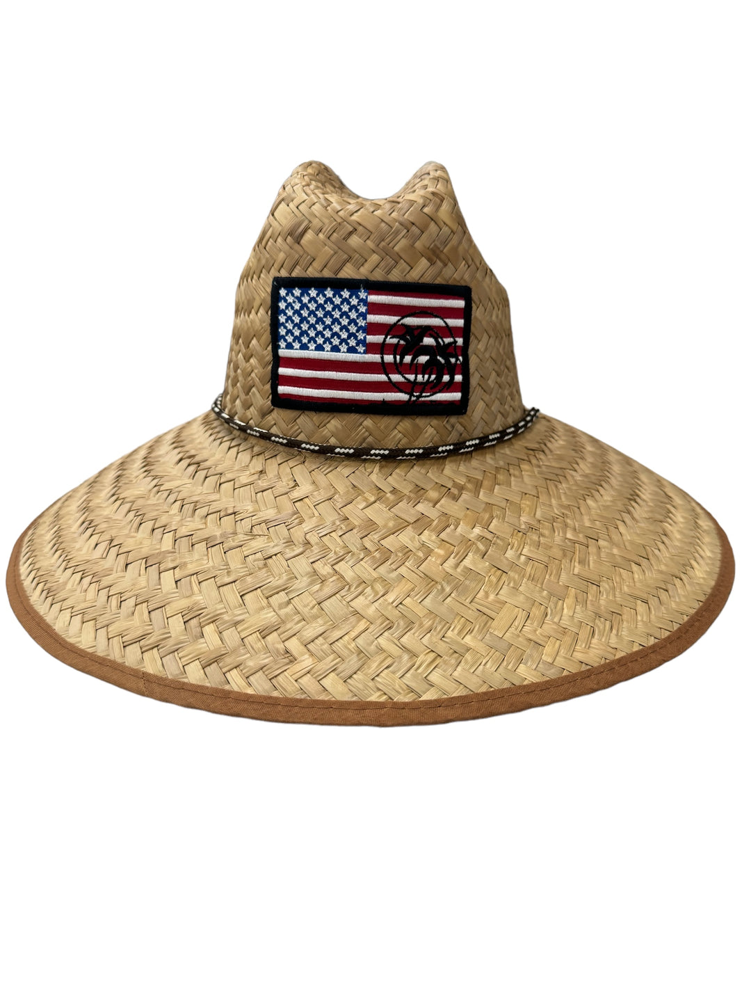 Unisex straw sun hat with American flag patch, 5" brim for UV protection, perfect beach hat.