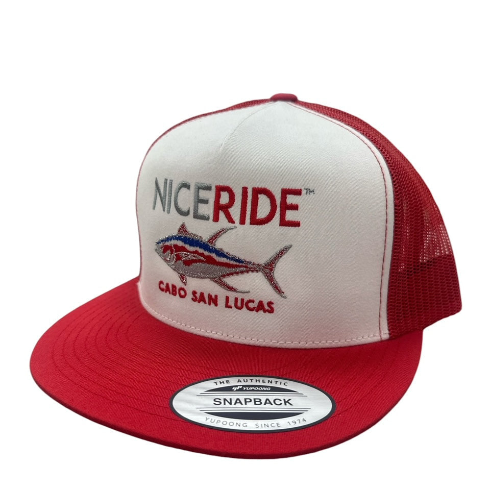 NICERIDE Sorry Charlie Cabo Classic Snapback Trucker Hat with red accents for fishing style enthusiasts.