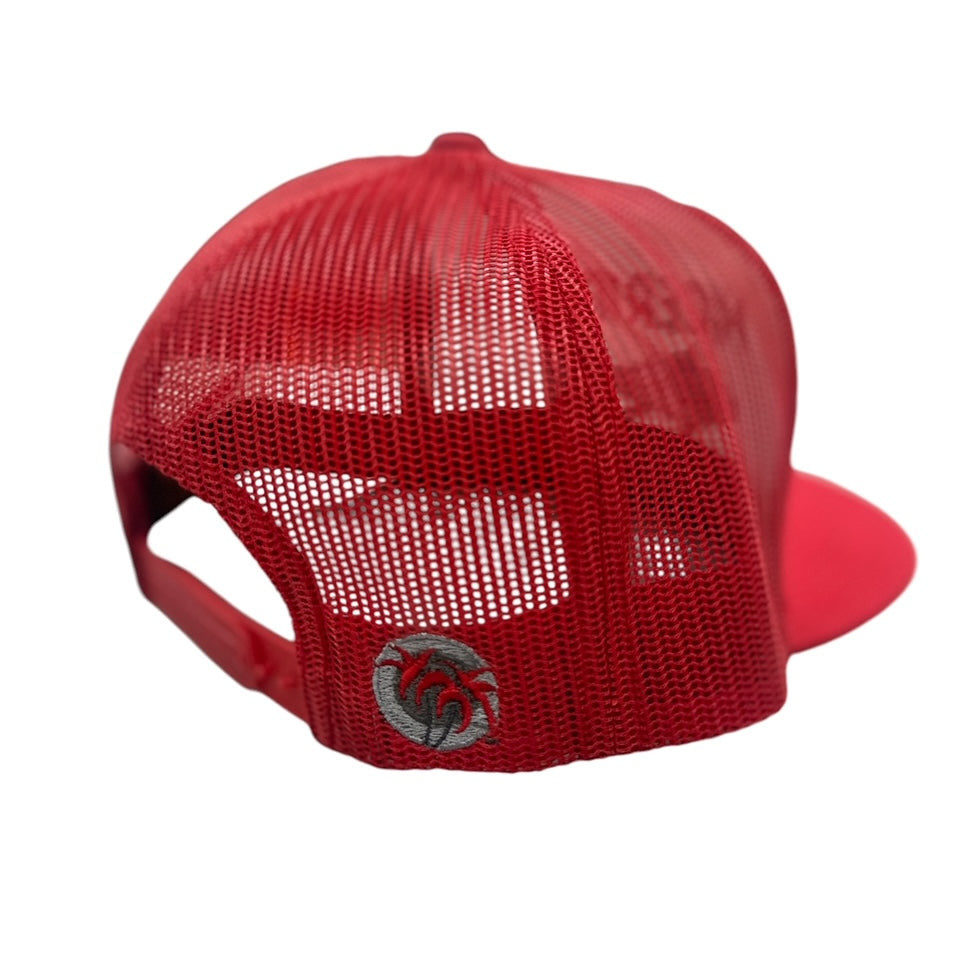 Back view of the Sorry Charlie Cabo Classic Snapback Trucker Hat with red mesh and logo