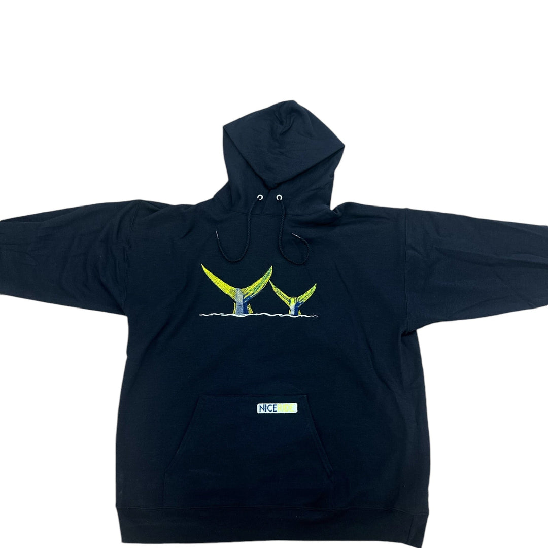 NICERIDE Tall Tails black pullover hoodie featuring embroidered tail design and front pocket.