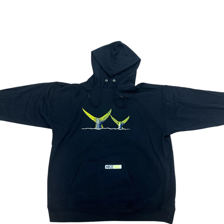 NICERIDE Tall Tails black pullover hoodie featuring embroidered tail design and front pocket.