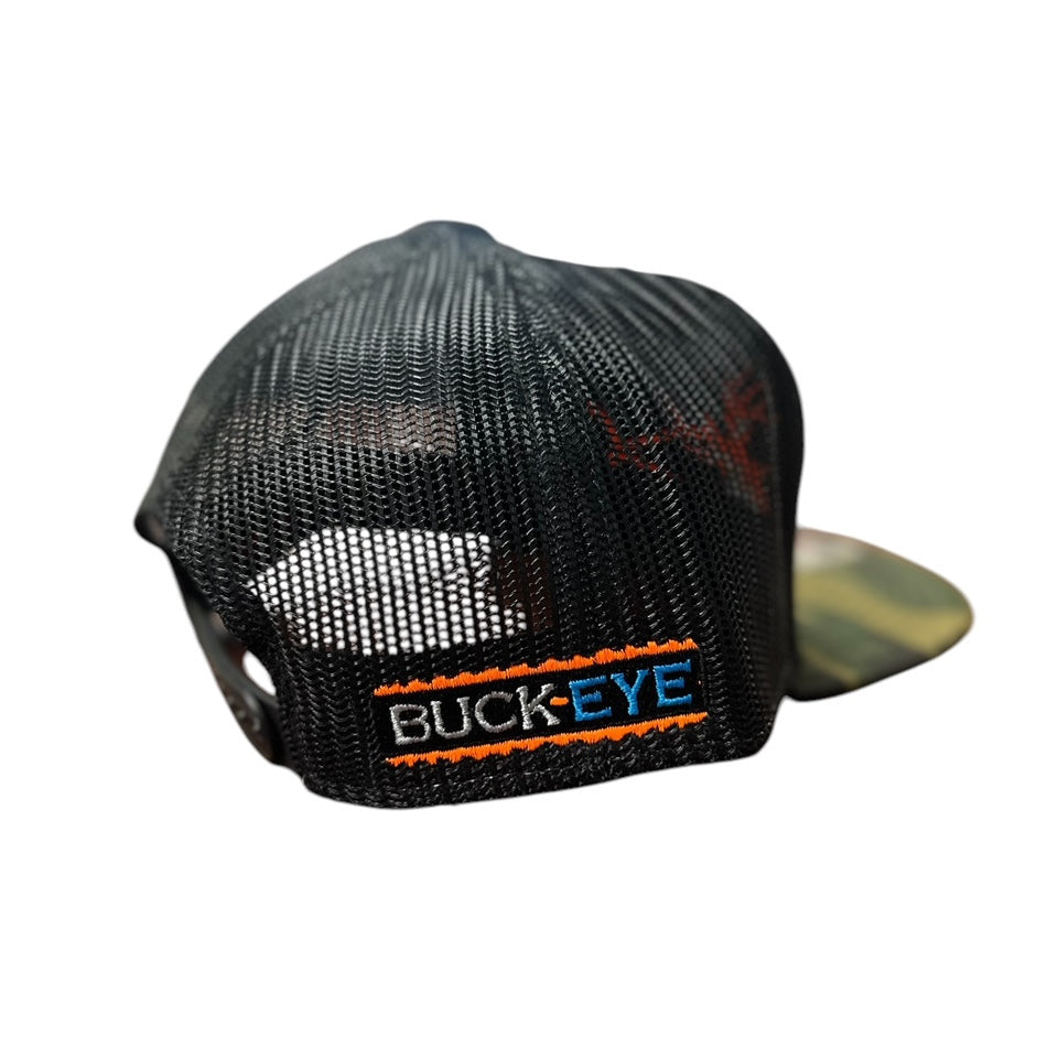 Back view of NICERIDE Buck-Eye 3-D 7-Panel Trucker Hat featuring a mesh design and embroidered logo.