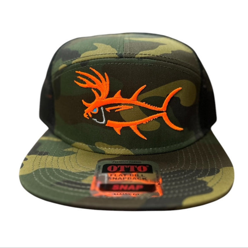 NICERIDE camo trucker hat with orange fish embroidery and Otto snapback design.