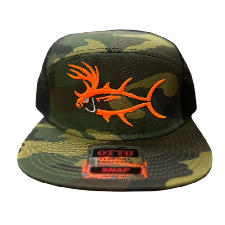NICERIDE camo trucker hat with orange fish embroidery and Otto snapback design.