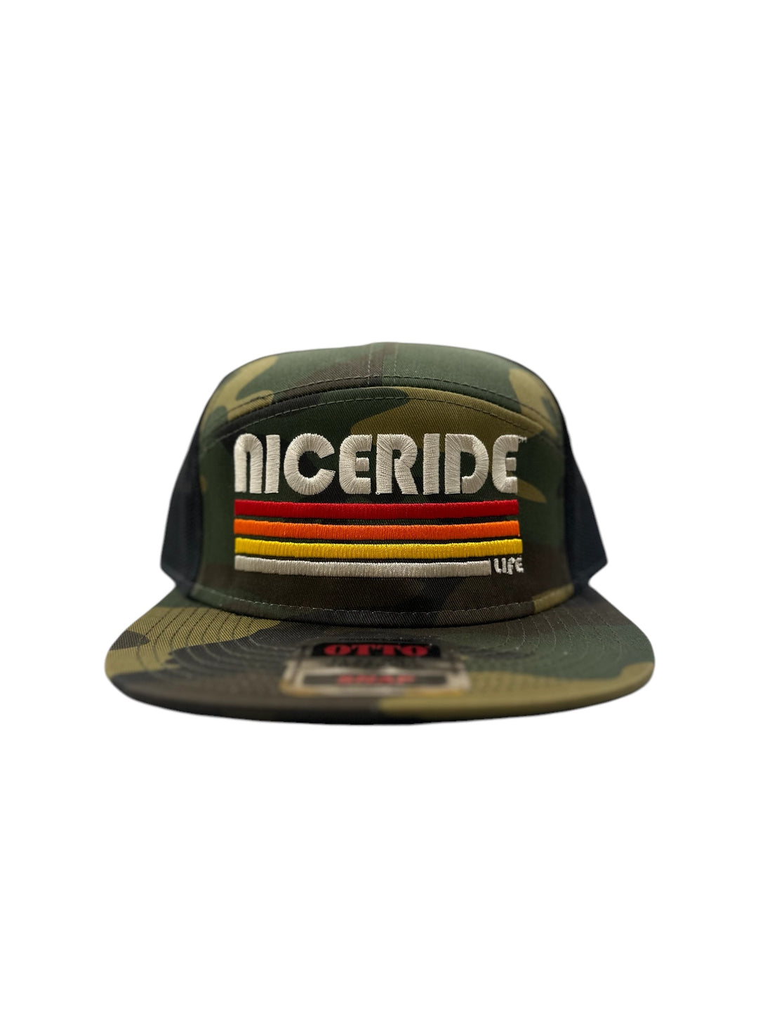 7 Panel Trucker Hat by NICERIDE in camo featuring embroidered logo, perfect trucker hat for casual wear.