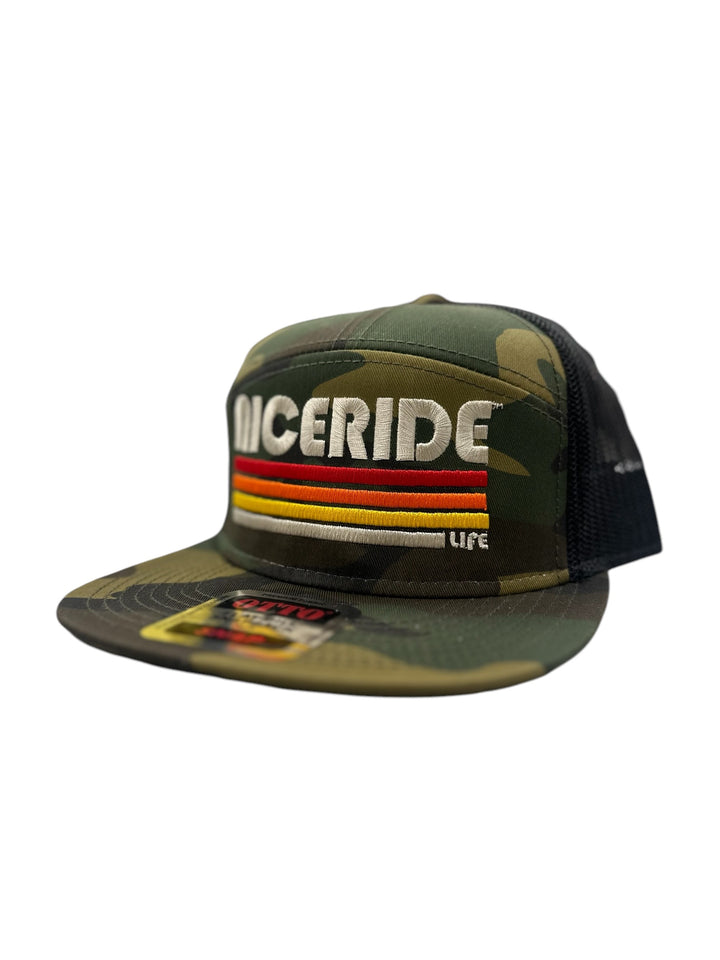 NICERIDE 7 Panel Trucker Hat in camo with embroidered logo, perfect for outdoor activities and casual wear.