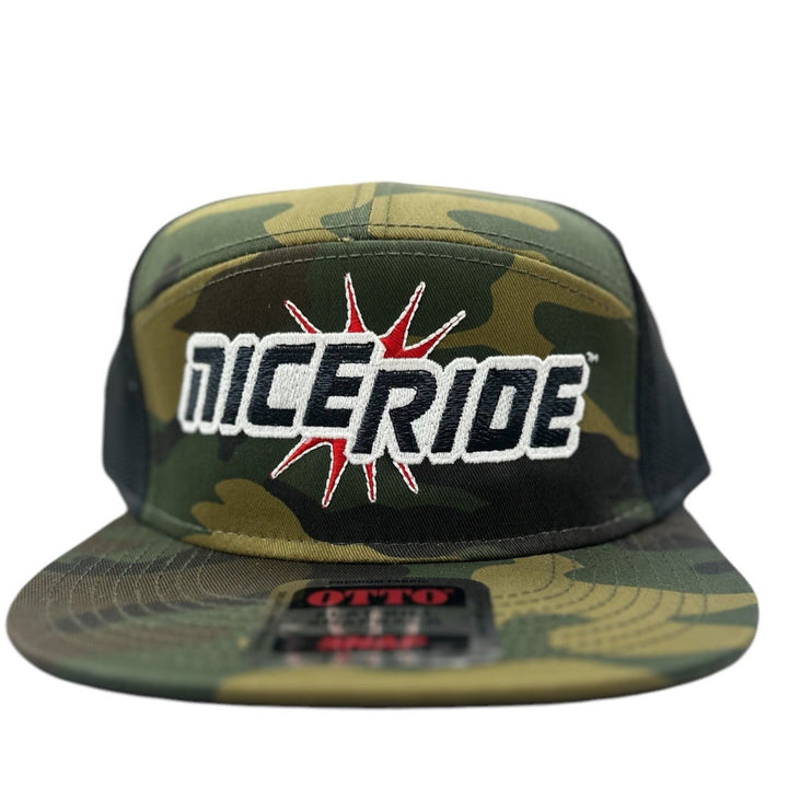 NICERIDE Otto 7 Panel Camo Snapback Hat with bold logo and camo pattern.