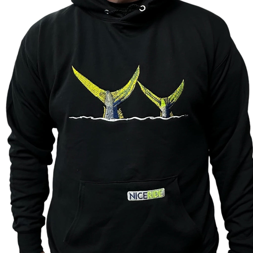 Black NICERIDE pullover hoodie featuring 'Tall Tails' embroidered design on the chest.