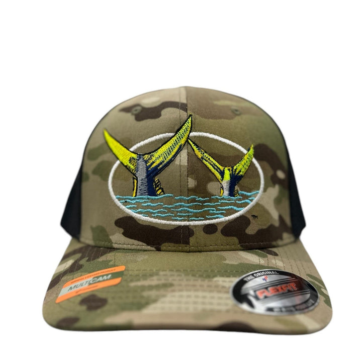 CAMO trucker hat with Ring Tails logo, features a unique mesh back and Flexfit design for comfort and style.