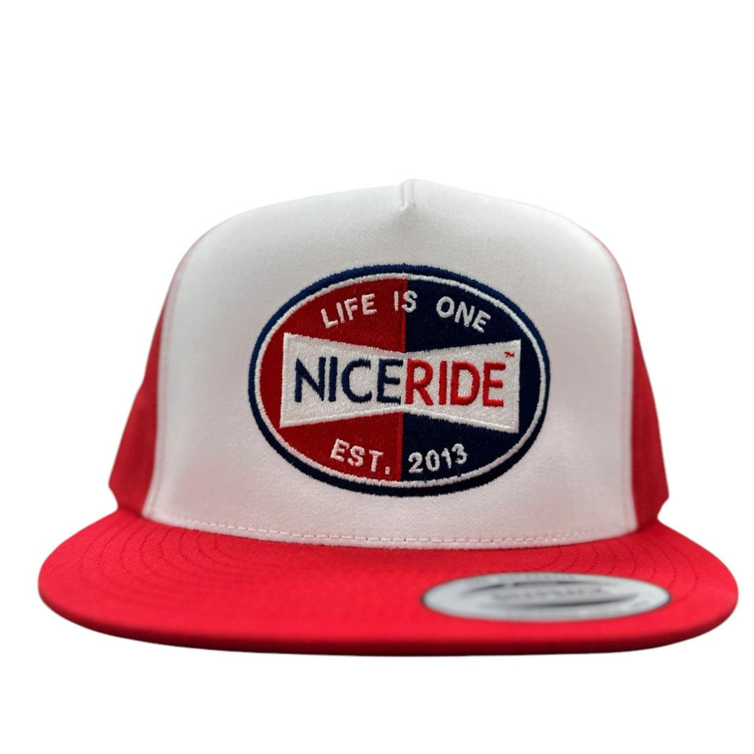 NICERIDE “Champion” Trucker Hat featuring embroidered logo and red bill, perfect unisex hat for all-day comfort.
