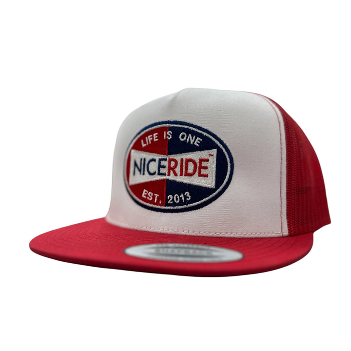 NICERIDE "Champion" trucker hat showcasing premium embroidery and classic snapback style.