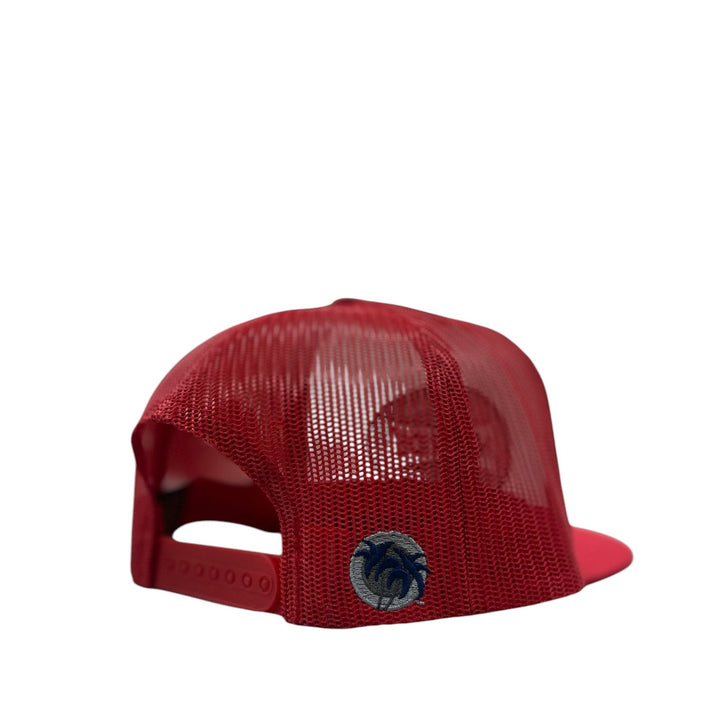 Red NICERIDE “Champion” trucker hat from the back showing breathable mesh and embroidered palm logo.