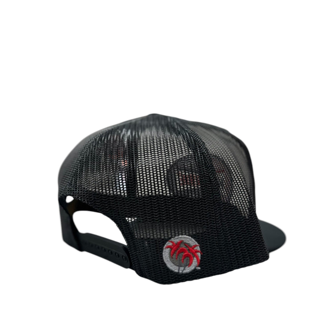 Black mesh back of NICERIDE Champion trucker hat with premium embroidery and adjustable snapback closure.