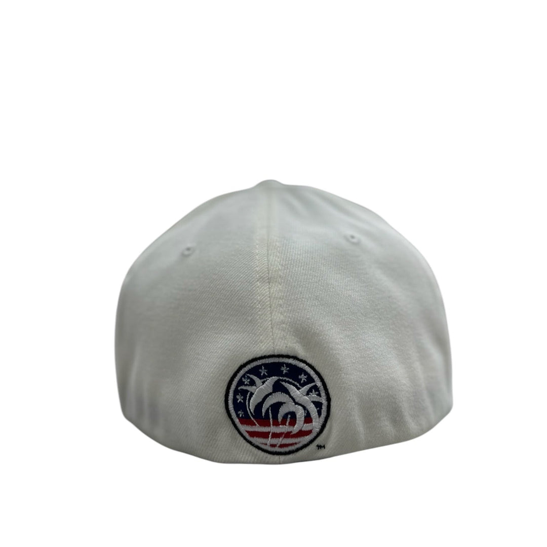 Back view of NICERIDE Flexfit Hat featuring embroidered Palm logo with red, white, and blue colors.