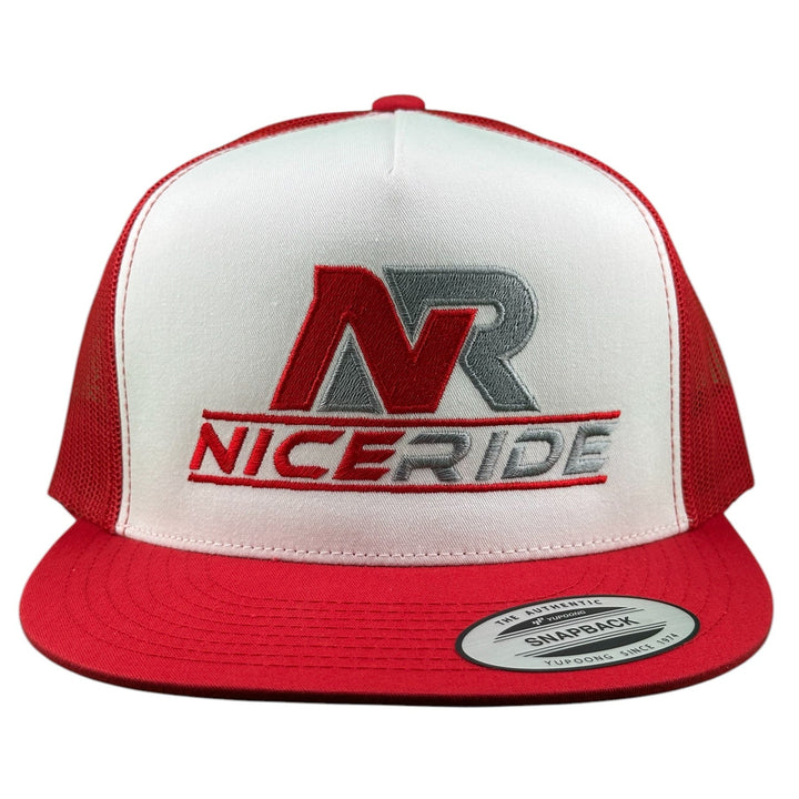 NICERIDE unisex adjustable red and white snapback trucker hat with embroidered logo