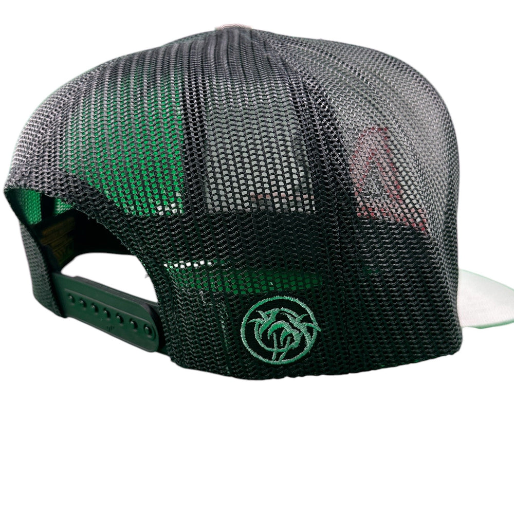 Back view of NICERIDE 'Rubbin' unisex embroidered trucker hat showcasing mesh design and snapback closure.