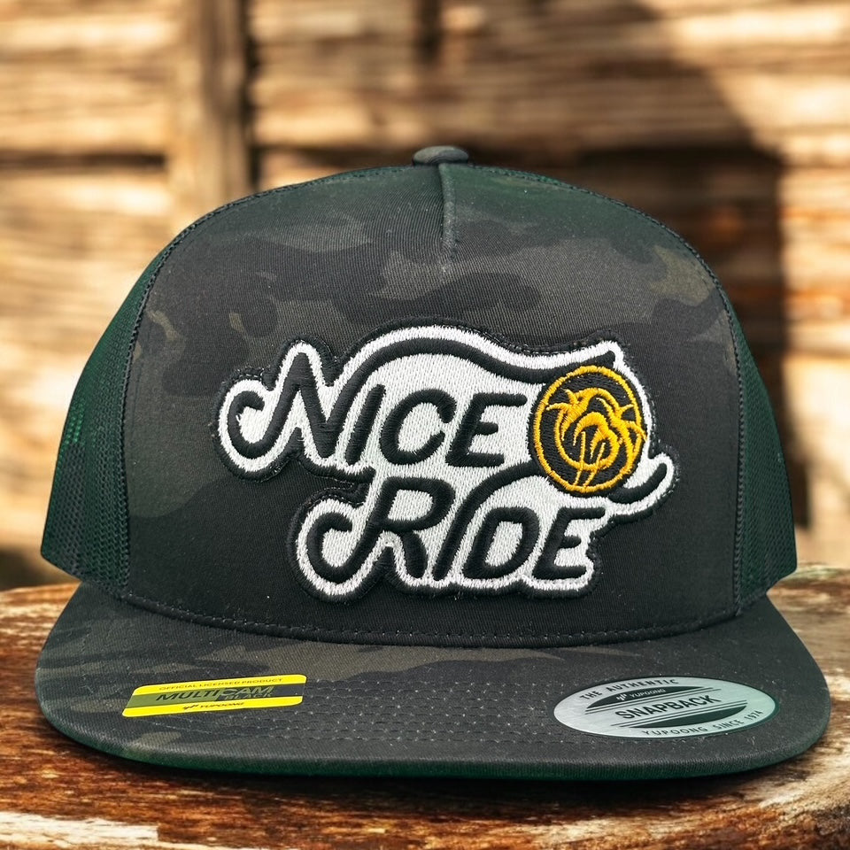 NICERIDE Wild West 6006 Black Camo Trucker Hat with embroidered logo for stylish unisex wear.