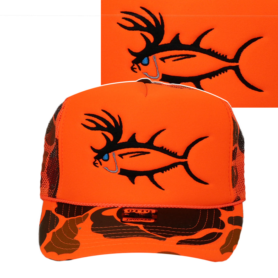 NICERIDE Buck-Eye 5-Panel Trucker Hat in bright orange with embroidered fish design
