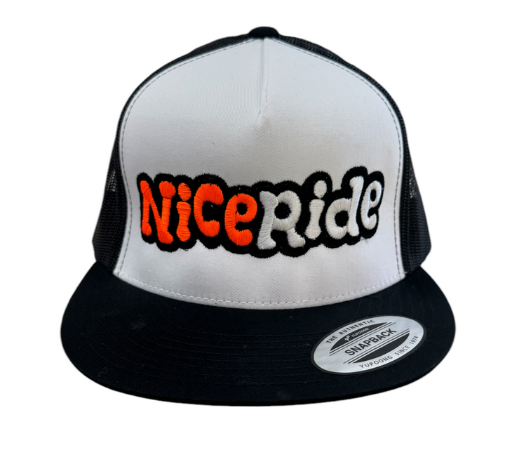Cloud Nine NICERIDE trucker hat featuring bold orange and black embroidery on a classic snapback design.